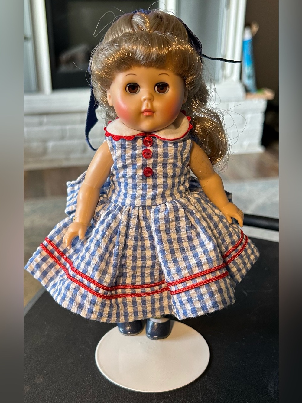 Vintage Vogue Ginny Doll from the 1950s, blue & white gingham dress w/red ribbon